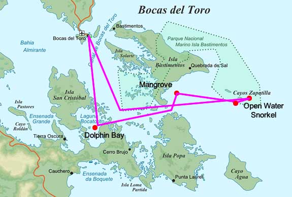 Bocas del toro.mapa del tour a cayo zapatillas